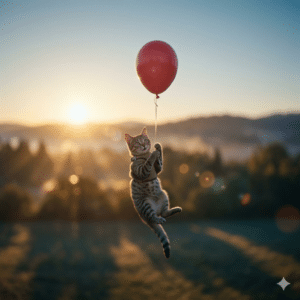 Whimsical AI image generation of a playful kitten floating in the air while holding a red balloon, with soft golden sunset light and blurred hills in the background.