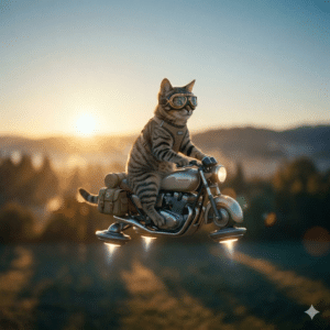 Futuristic AI image generation of a tabby cat wearing goggles riding a hovering motorcycle with small rocket thrusters above a scenic landscape during golden sunset.