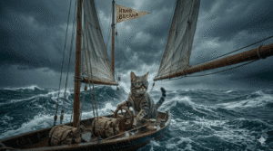 Creative AI image generation showing a tabby cat captain navigating a sailboat across rough seas during a storm, dramatic waves and dark clouds surrounding the tiny vessel with sails raised.